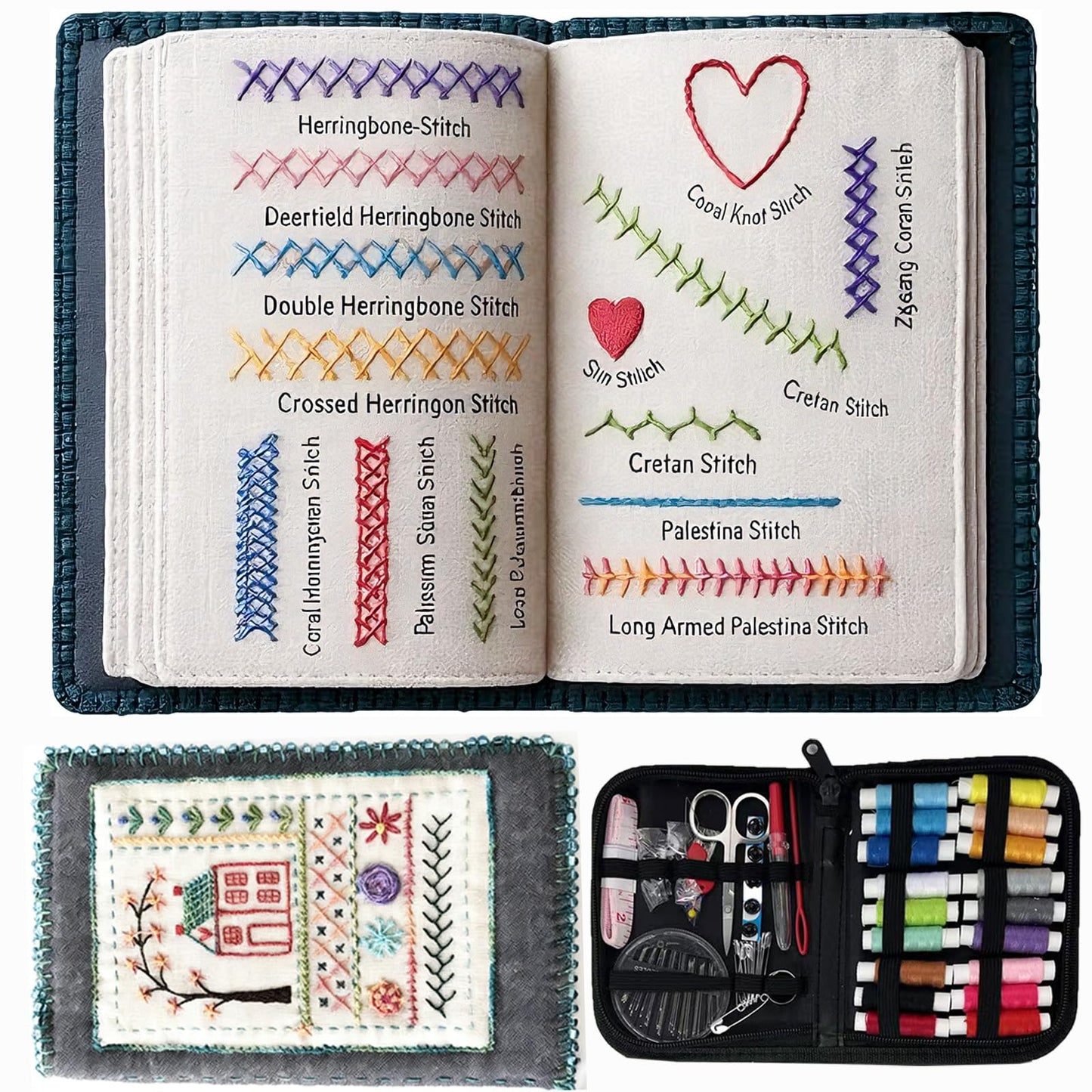 Nichalous Embroidery Stitch Book Kits, Portable All Scenario Embroidery Stitch Book with Fabric Pages, Perfect for Beginners and Craft Lovers, Unique Handmade Gift (A)