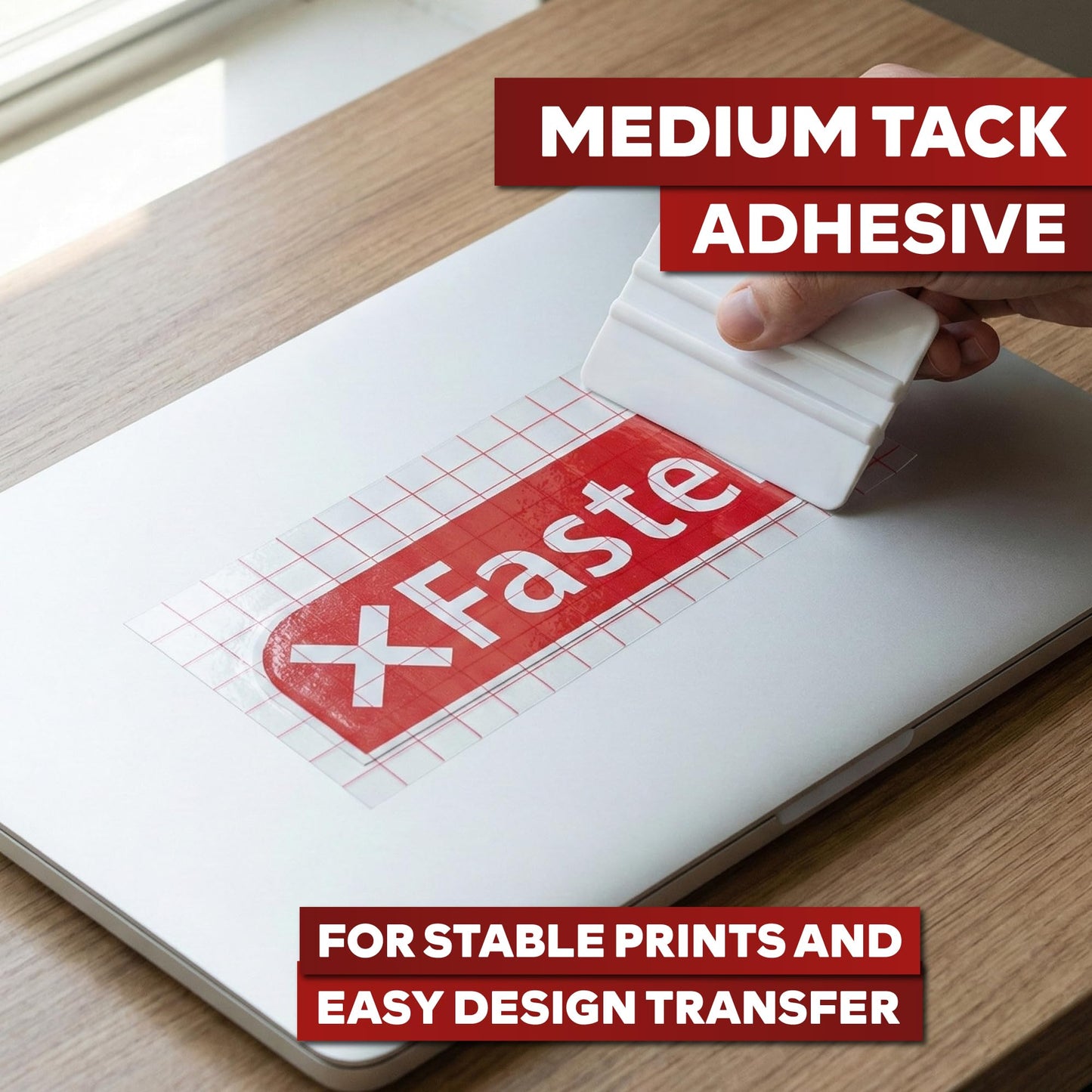 XFasten Clear Transfer Tape for Vinyl, 12" x 100' Transparent Medium-Tack Vinyl Transfer Sheet Roll, w/Red Alignment Grid – Ideal for Self-Adhesive Vinyl Sheet Signs and Sticker Decals | Easy to Weed
