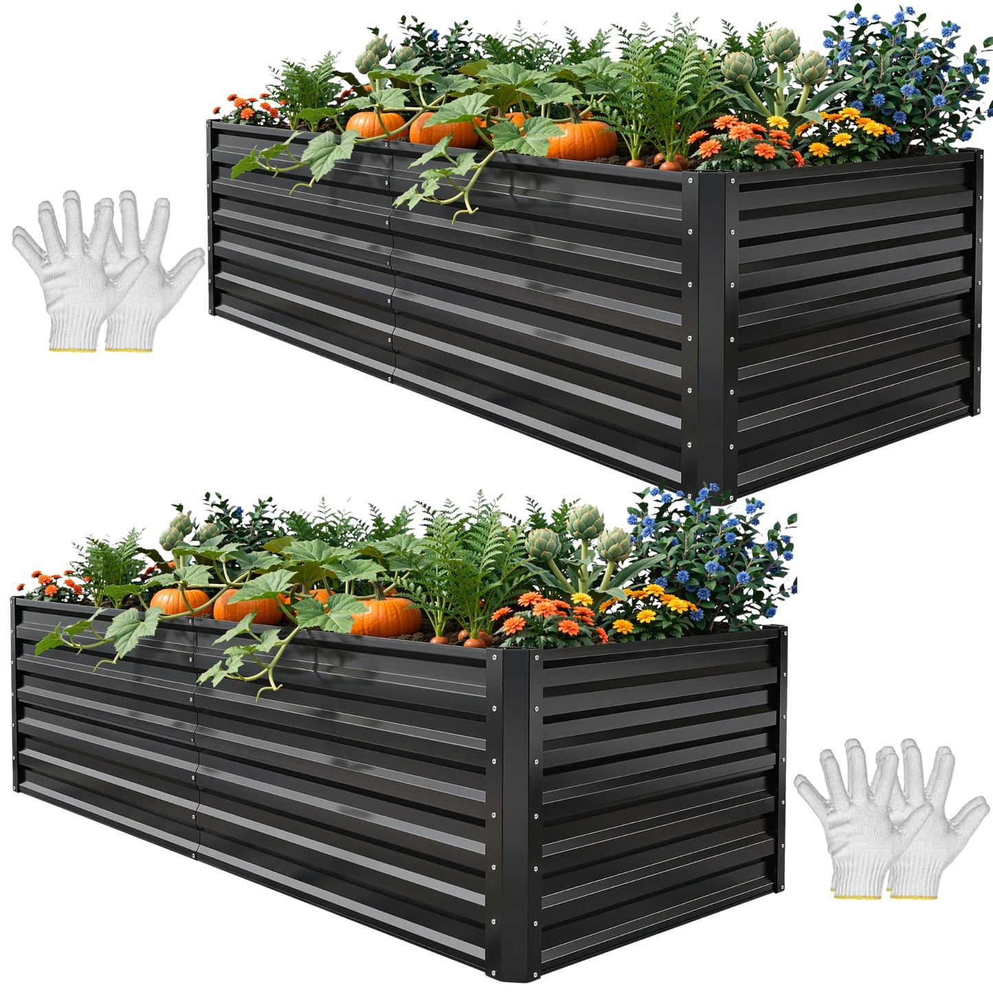 YITAHOME 6x3x2ft 2pcs Large Raised Garden Bed Kit, Galvanized Metal Planter Box with Gloves, Ground Nails, Support Rod, Outdoor Above Ground Planters for Plants Vegetables Flowers, Black