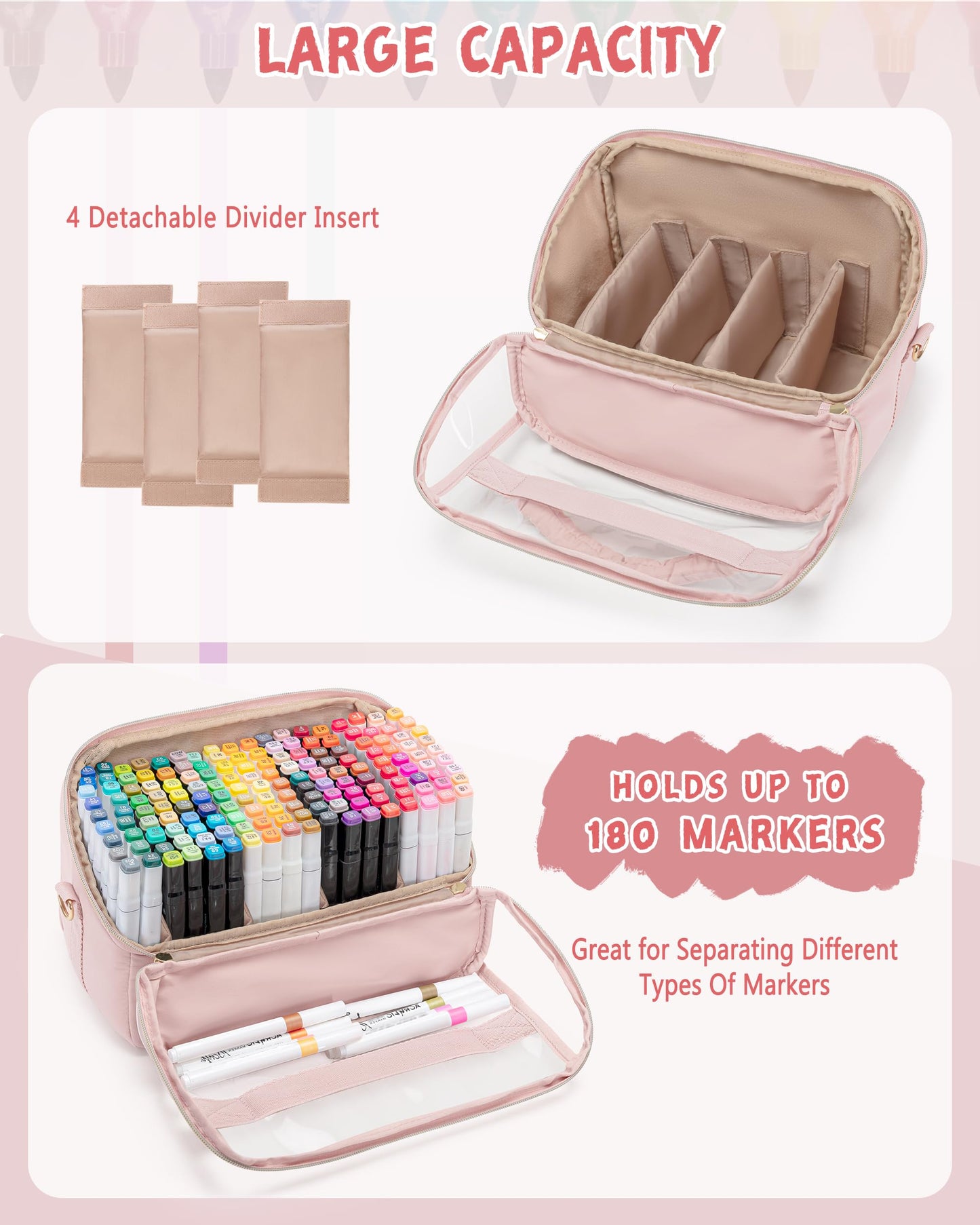 Marscamd Quilted Marker Organizer Case Holds 180 Markers, Marker Storage Organizer Bag with Dividers and Detachable Crossbody Strap (Bag Only), Pink