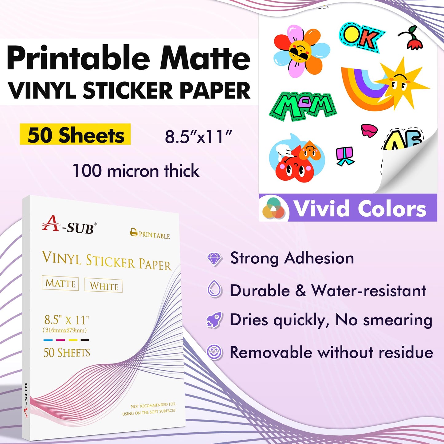 A-SUB Premium Printable Vinyl Sticker Paper for Inkjet Printers, 50 Sheets Matte White Waterproof Sticker Paper 8.5x11 Inch for Making Your Own Stickers at Home
