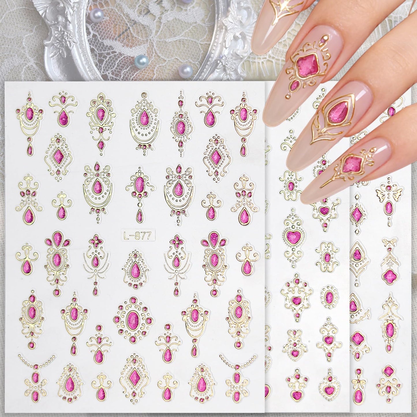 Gem Pattern Nail Art Stickers, 3D Embossed Retro Nail Decals, Self Adhesive Baroque Nails Decoration Supplies for Women Nails Design(Purple Gem-6 Sheets)