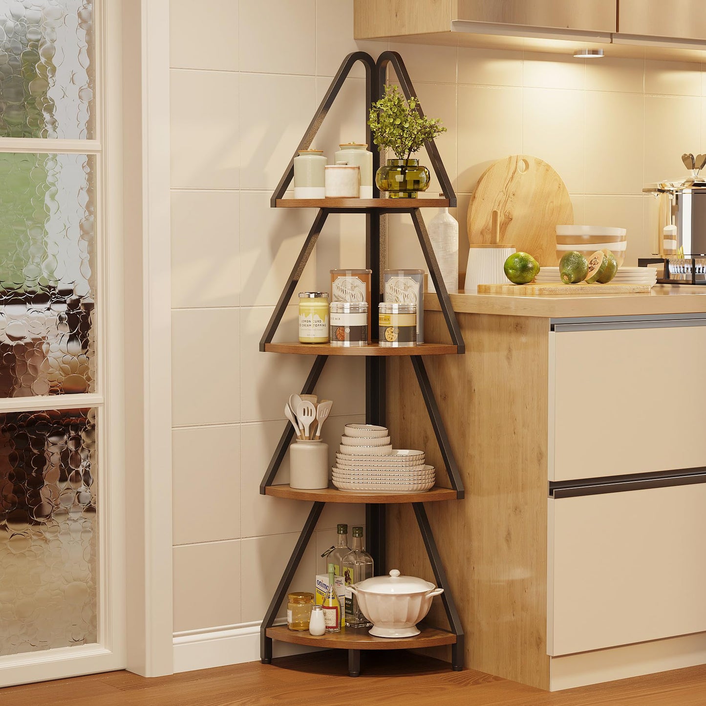 Espelism 4-Tier Corner Shelf Stand, 53.1” Tall Industrial Standing Display Shelf Storage Rack,Narrow Plant Stand,Tree Design Corner Bookshelf for Living Room, Bedroom, Office (Brown, 4-Tier)