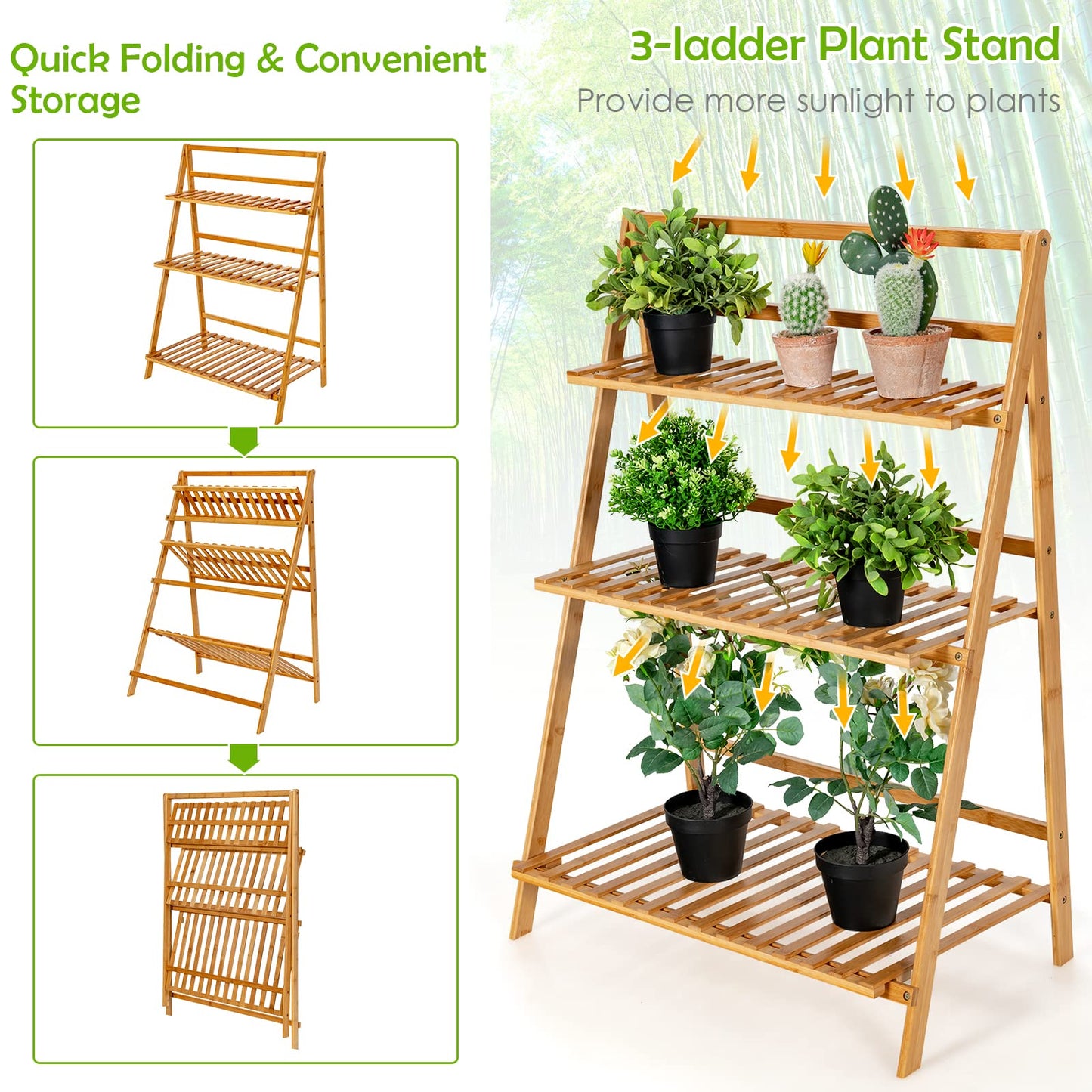 Giantex 3 Tier Folding Storage Shelf, Bamboo Ladder Plant Stand, Multiple Flower Pot Holder Succulent Display Rack, Foldable Shelving Unit for Balcony Garden Living Room Indoor Outdoor