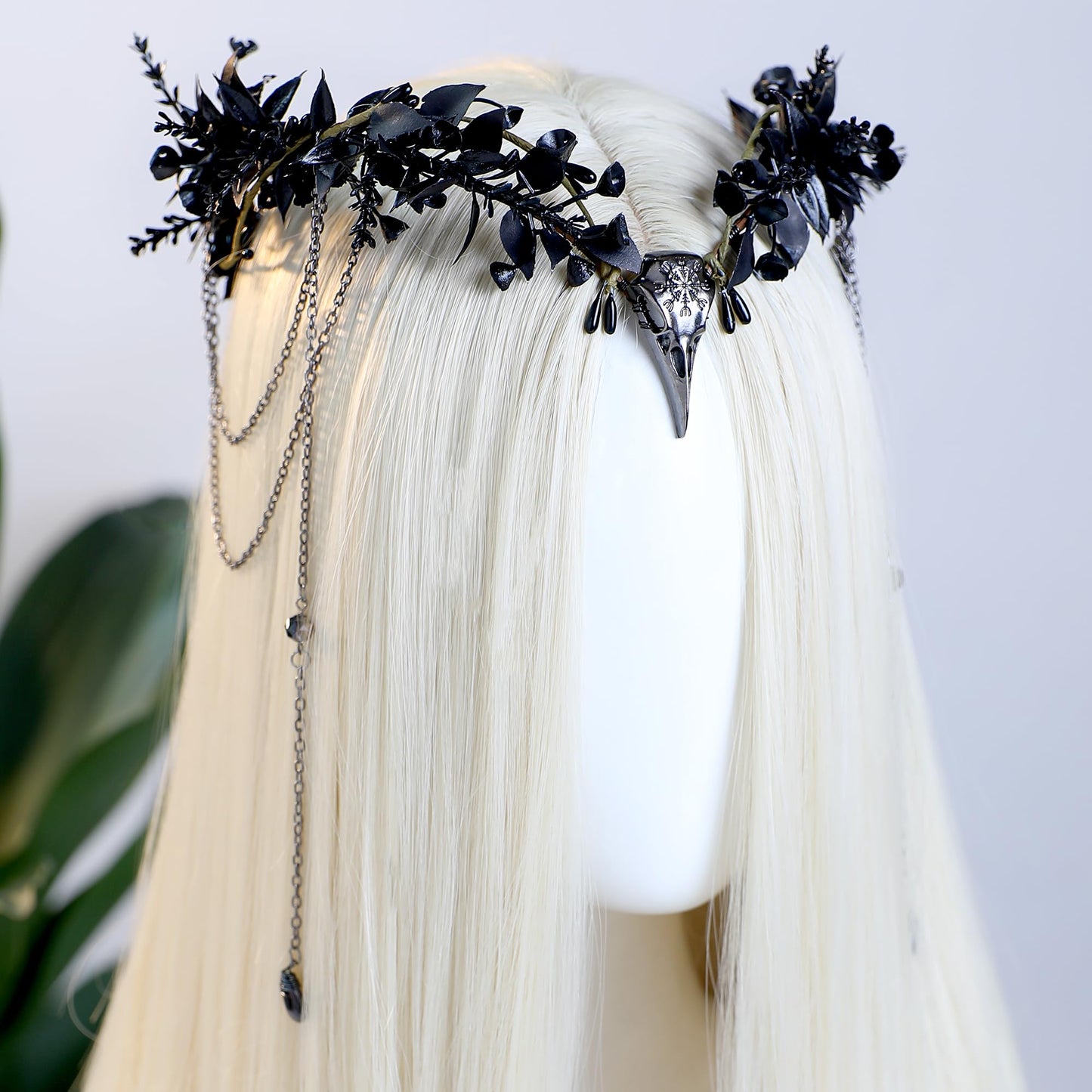 MOSTORY Black Raven Elf Crown - Gothic Flower Headpiece with Tassel for Witch Accessories Women, Dark Floral Circlet for Renaissance Renfaire Halloween Witchcore Cosplay