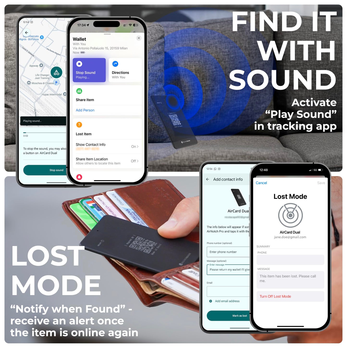 Rolling Square AirCard Dual - Bluetooth Wallet Tracker - Compatibile with Both Apple iOS Find My and Google Android Find Hub – Wireless Charging, Anti-Loss Card – Smart Locator, Black