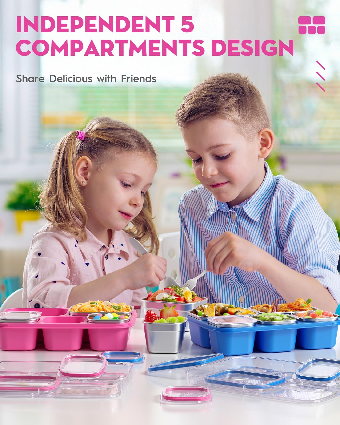BiuLeon Snackle Box Containers, Stainless Steel 5 Compartments Divided Serving Tray with Lid, Removable LeakProof Portable Bento Box for Fruit Candy Nuts Food - School, Picnic and Travel（Pink）