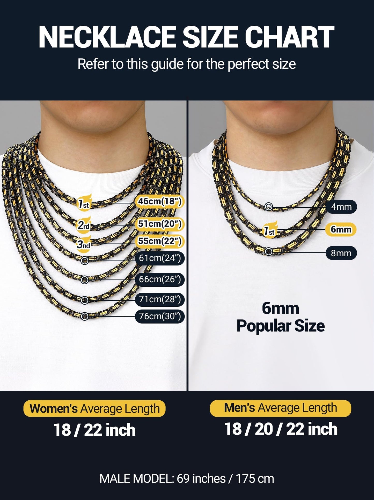 PROSTEEL Byzantine Link Mens Chain Necklace 24 Inch Stainless Steel Black Chains