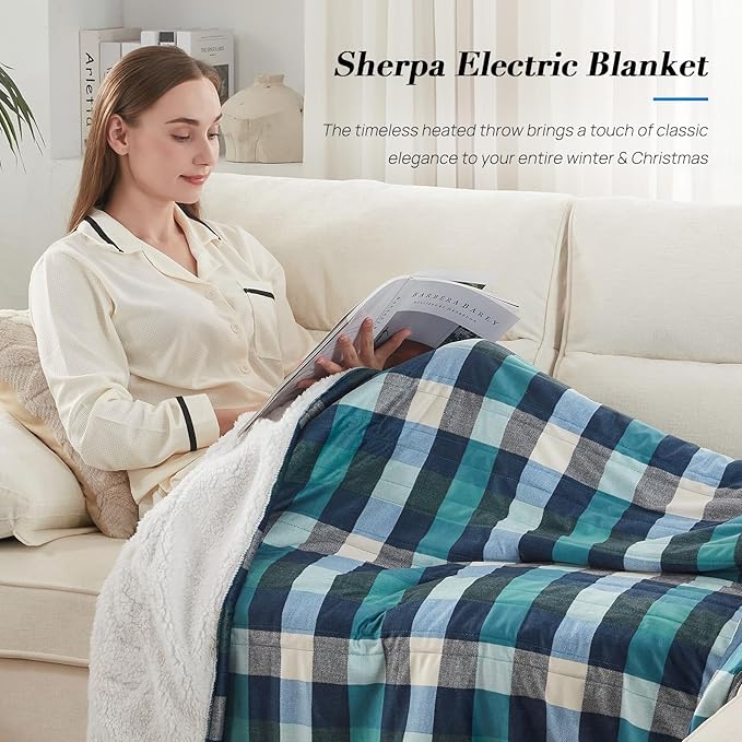 Westinghouse Electric Throw Heated Throw Blanket Soft Flannel & Sherpa Heating Blanket with 6 Heating Levels 2-10 Hours Auto-Off, Overheat Protection Machine Washable, Green 50x60 Inches