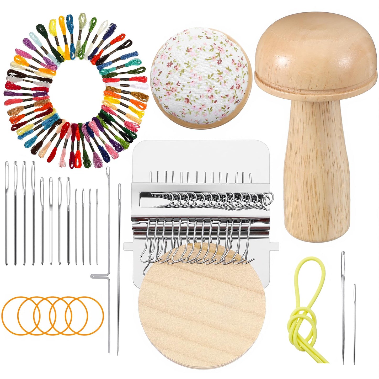 Mini Darning Mushroom for Socks Darner Kit Include 14 Hooks Small Weaving Darning Loom 12 Large Eye Needles 50 Colors Thread for DIY Handicrafts Home Sewing Care Weaving Repair Tool