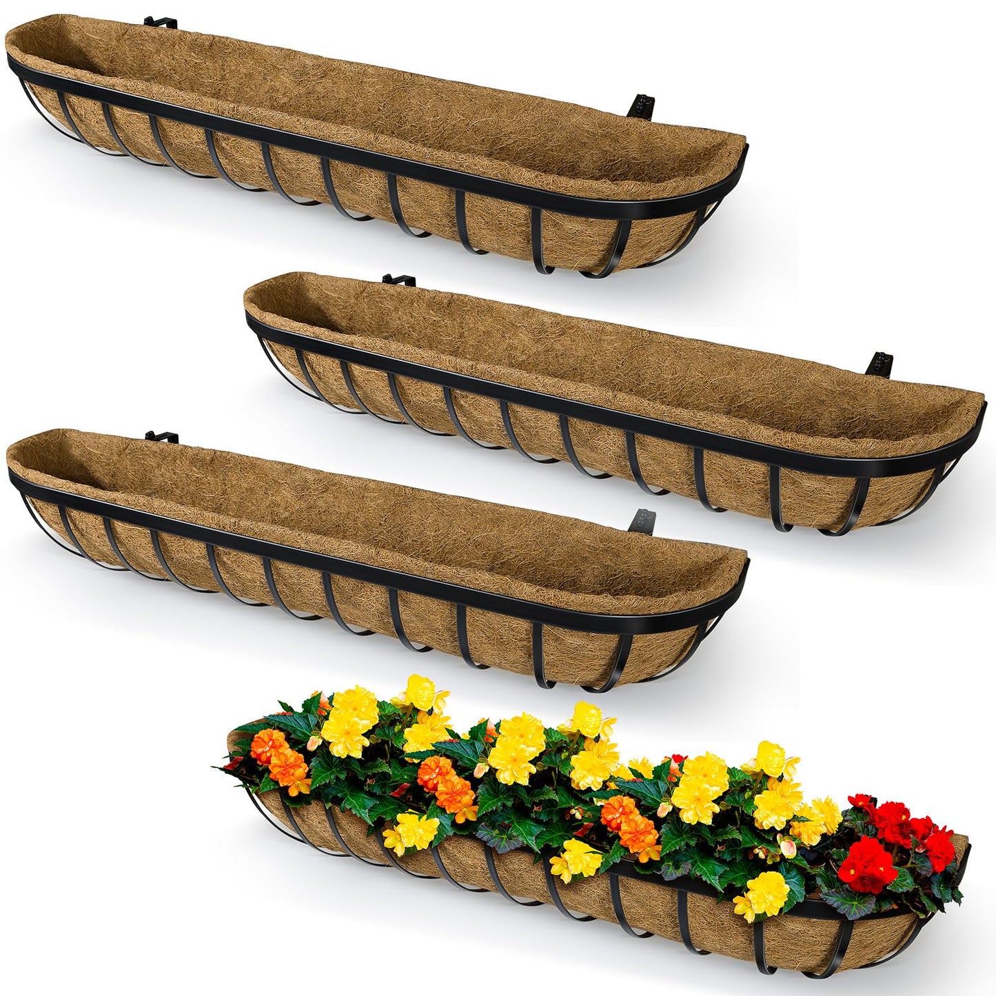 BeapTcely 4 Pack 36 Inch Window Deck Railing Planter Boxes with Coconut Liner, Large Hanging Window Flower Boxes Metal Railing Planter for Balcony Fence Porch (4, 36 Inch)