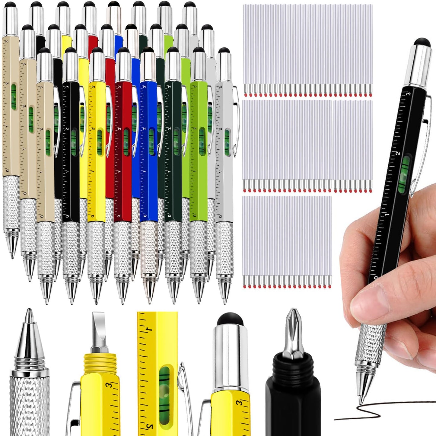 Zhanmai 72 Pcs Christmas Multitool Pen Gifts Bulk 6 in 1 Tool Pen with Level Gauge Ruler, Screwdriver, Stylus & 80 Replacement Refills, Unique Birthday Gifts for Men(Multicolor)