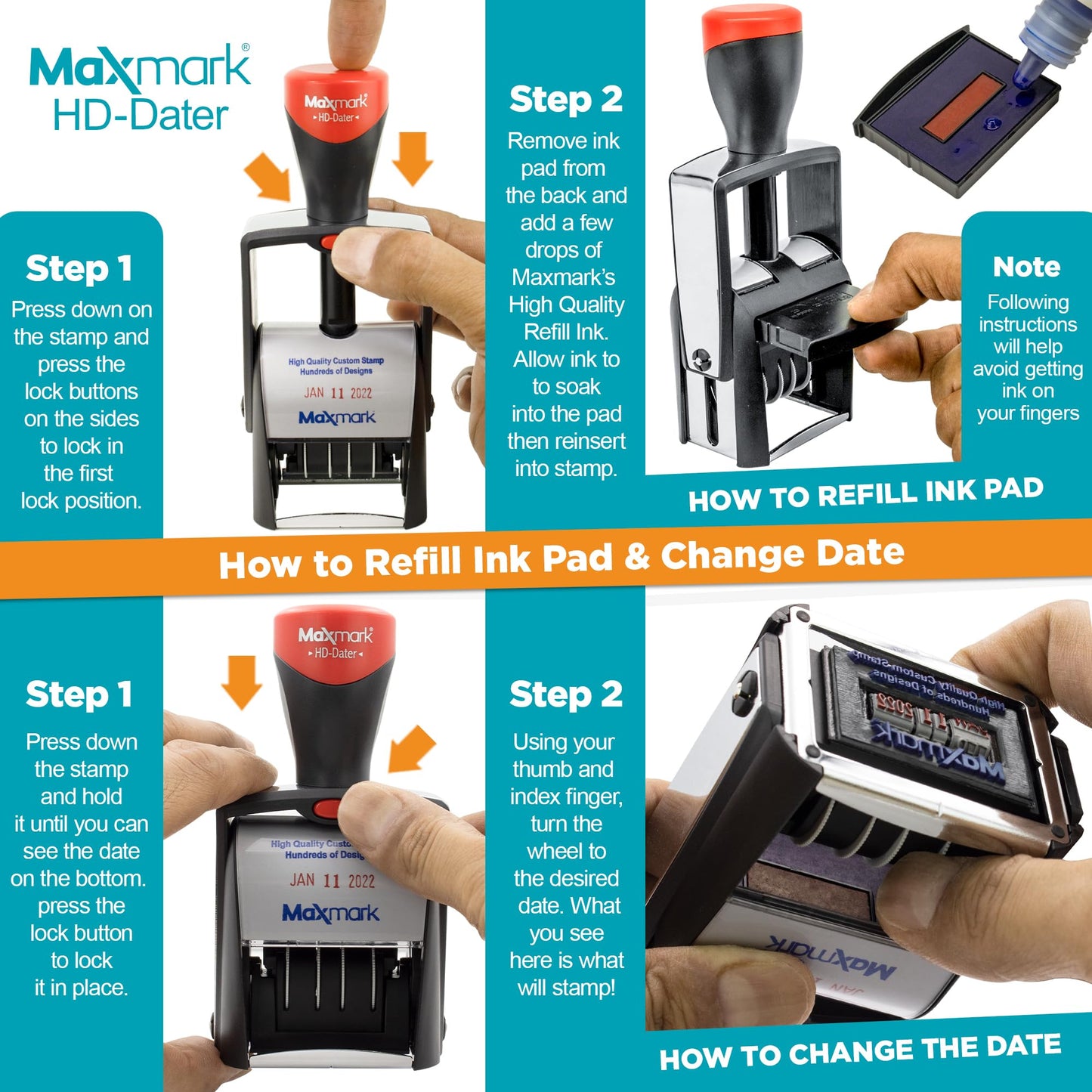 MaxMark Heavy Duty Self Inking Date Stamp with Phrase Paid - 2 Color Blue/Red Ink