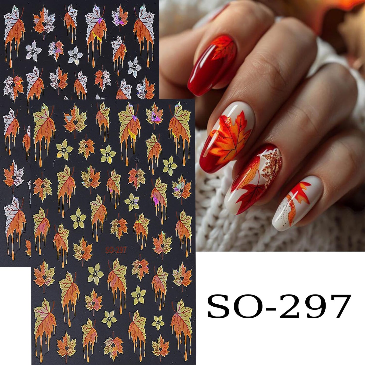 6 Sheets Thanksgiving Nail Art Stickers Fall Maple Leaf Nails Stickers 3D Self -Adhesive Flower Laser Maple Leaf Nail Decals Holographic Thanksgiving Decoration for Women Featival DIY Manicure