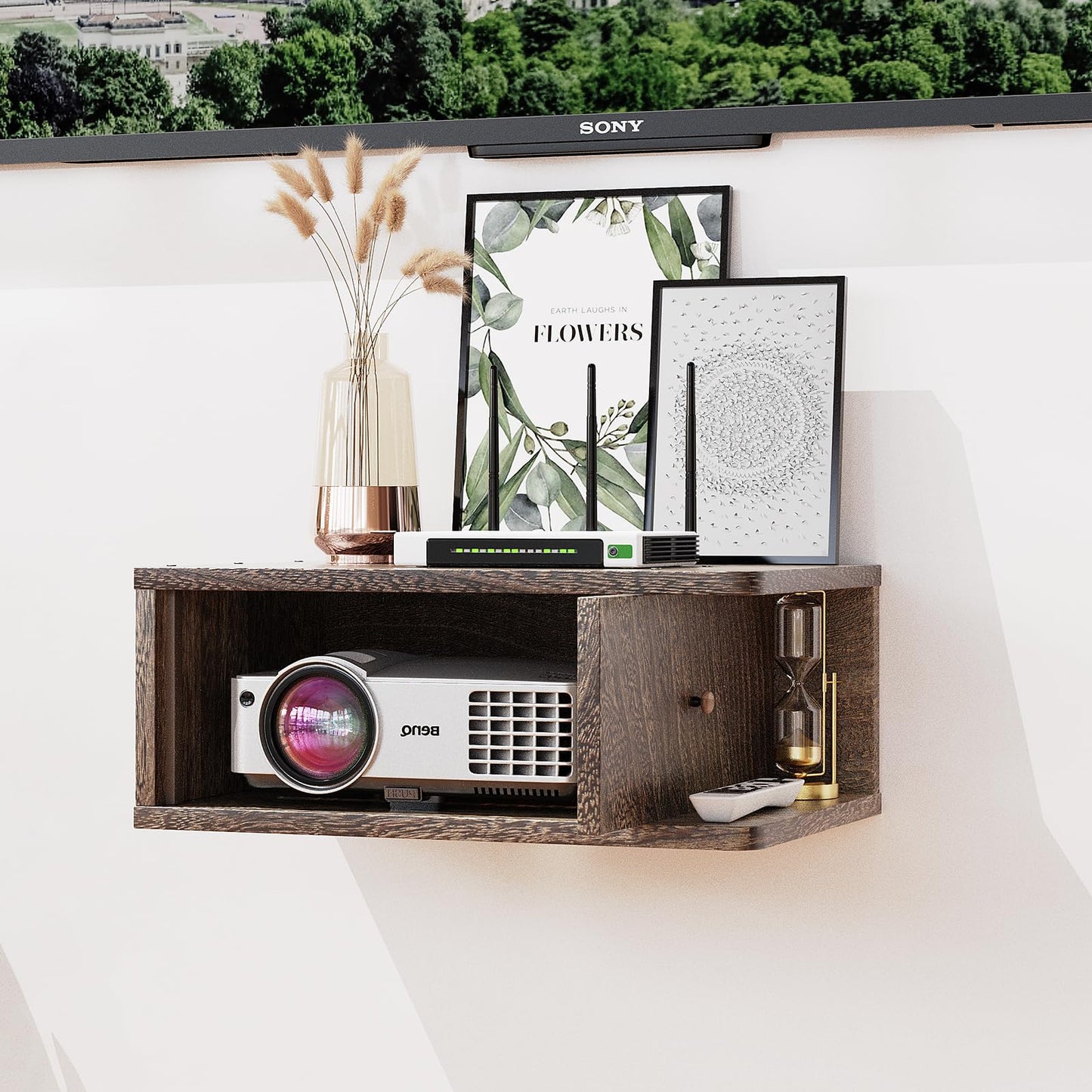 Floating Projector Stand Wall Mount - Modern Media Console Shelf Cabinet with Magnetic Door, 16.7" x 10.9" x 7.8", Open & Hidden Storage for Projector, Router, DVD Player, Cable Box