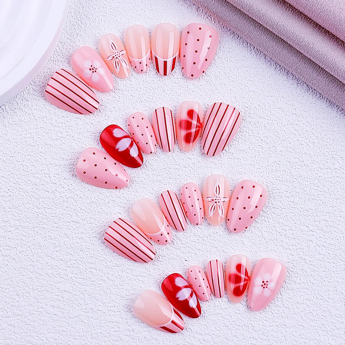 Short Almond Press on Nails Pink & Red Floral Mixed Print Fake Nails with Polka Dot & Stripes, Glossy Reusable Acrylic False Nails for Spring & Summer Daily Wear 24Pcs