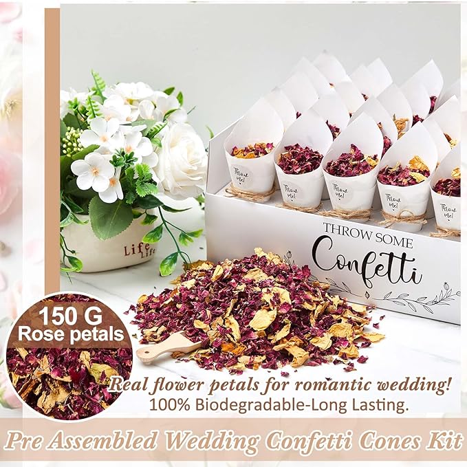 1 Sets Wedding Confetti Cones with 150g (5.29 Oz) Biodegradable Dried Flowers White Petal Confetti - 30 Paper Cones, Tray & Stickers for Wedding, Bridal Shower, Engagement Party, Baby Shower