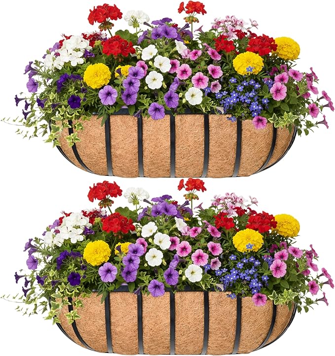 24“ Window Box Railing Planter with Coco Liner Metal Wall-Mounted Coconut Liner Planter Basket English Horse Trough Planters for Outdoor Deck Balcony Porch Fence Patio Black (2 Pack)