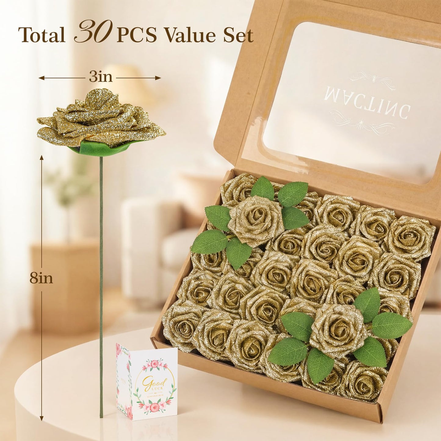 MACTING 30PCS Artificial Flowers Real Touch Foam Roses with Stem Fake Glitter Flowers for DIY Wedding Bouquet Table Centerpieces Party Holiday Wreath Home Graduation Decorations,Gold
