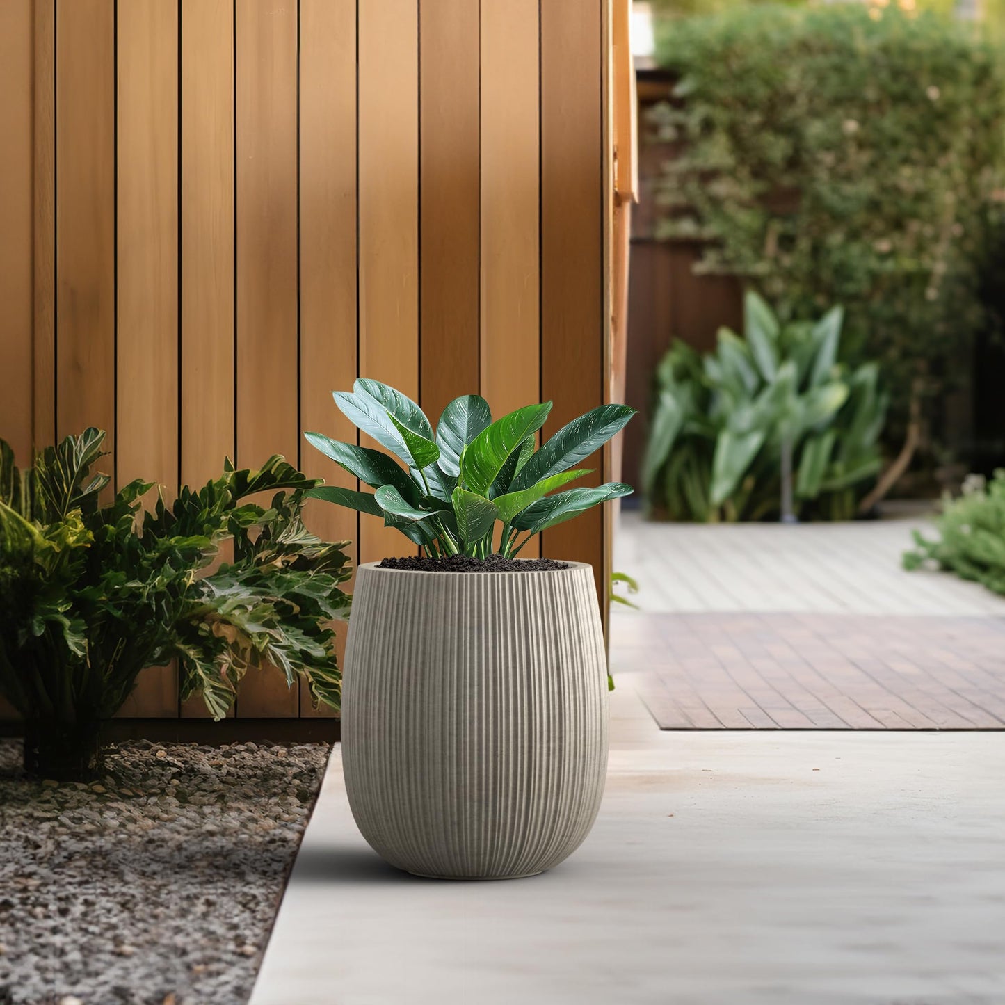 Kante 12.6" Dia x 14.6" H Round Concrete Planter, Streamlined Fluted Large Plant Pot with Drainage Hole and Rubber Plug for Home, Patio, Garden, Weathered Concrete Finish with Painted Interior
