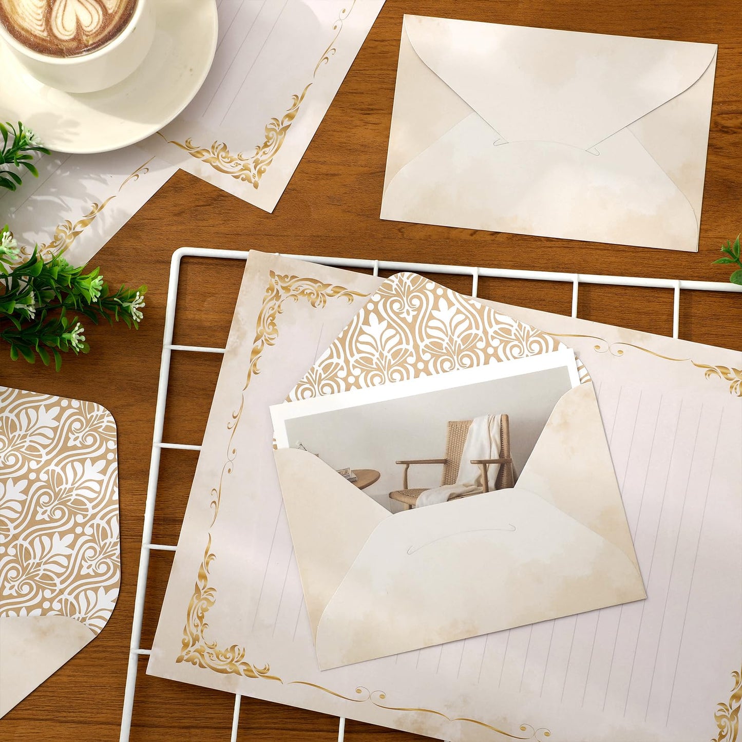 Whaline 60 Vintage Stationery Paper Set Gold Border Letter Writing Paper with Envelopes for Greeting Card Invitation Office Printing, 8.5 x 11 Inch