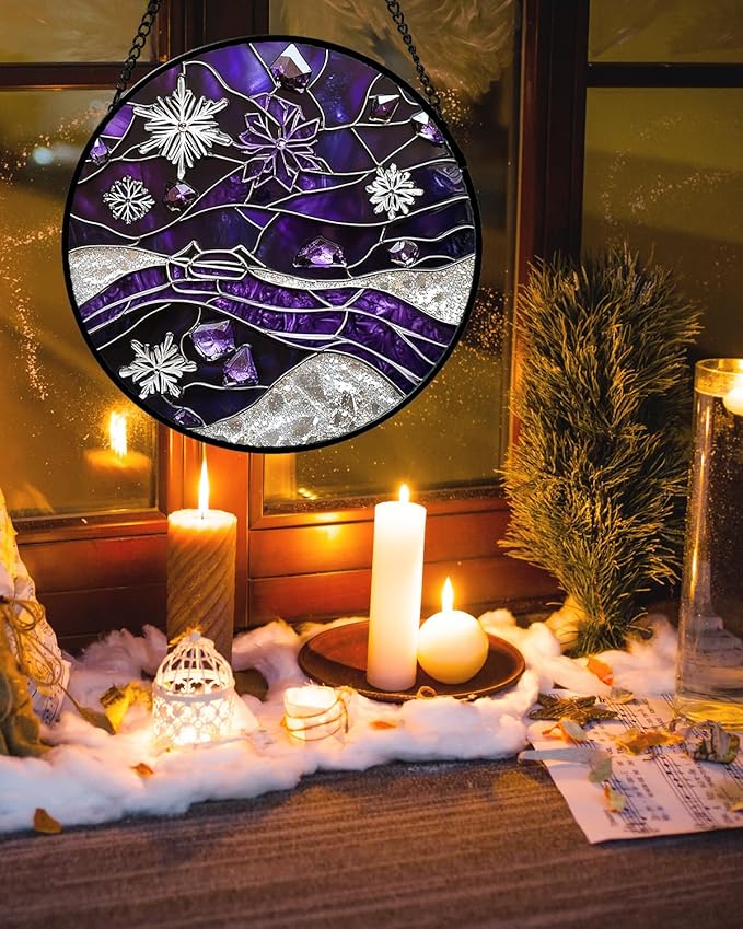 Stained Glass Window Hanging - Silver Purple Snowflakes Suncatcher for Doors Home Christmas Decoration Sun Catcher Thanksgiving New Year Birthday Gifts for Friend Women Men Mom Nana 7.8 in