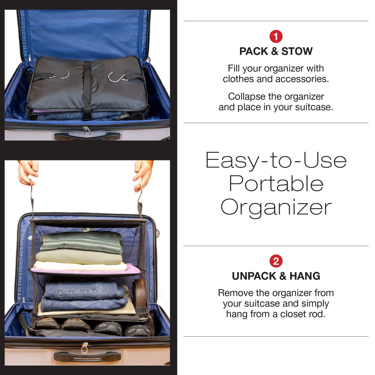 Excello Global Products Collapsable Portable Hanging Storage Organizer With Zippered Compartment Perfect for Travel and Packing