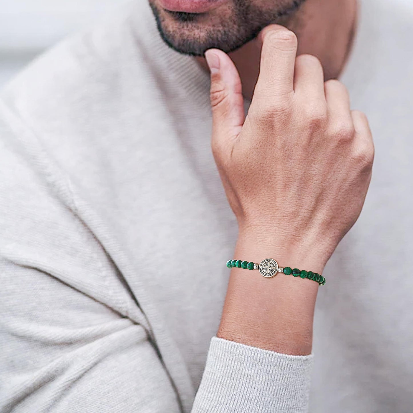 Lameybrt Evil Eye Bracelet 4 mm Natural Stretch Adjustable Beaded Bracelets for Men (C08 Malachite, One Size)