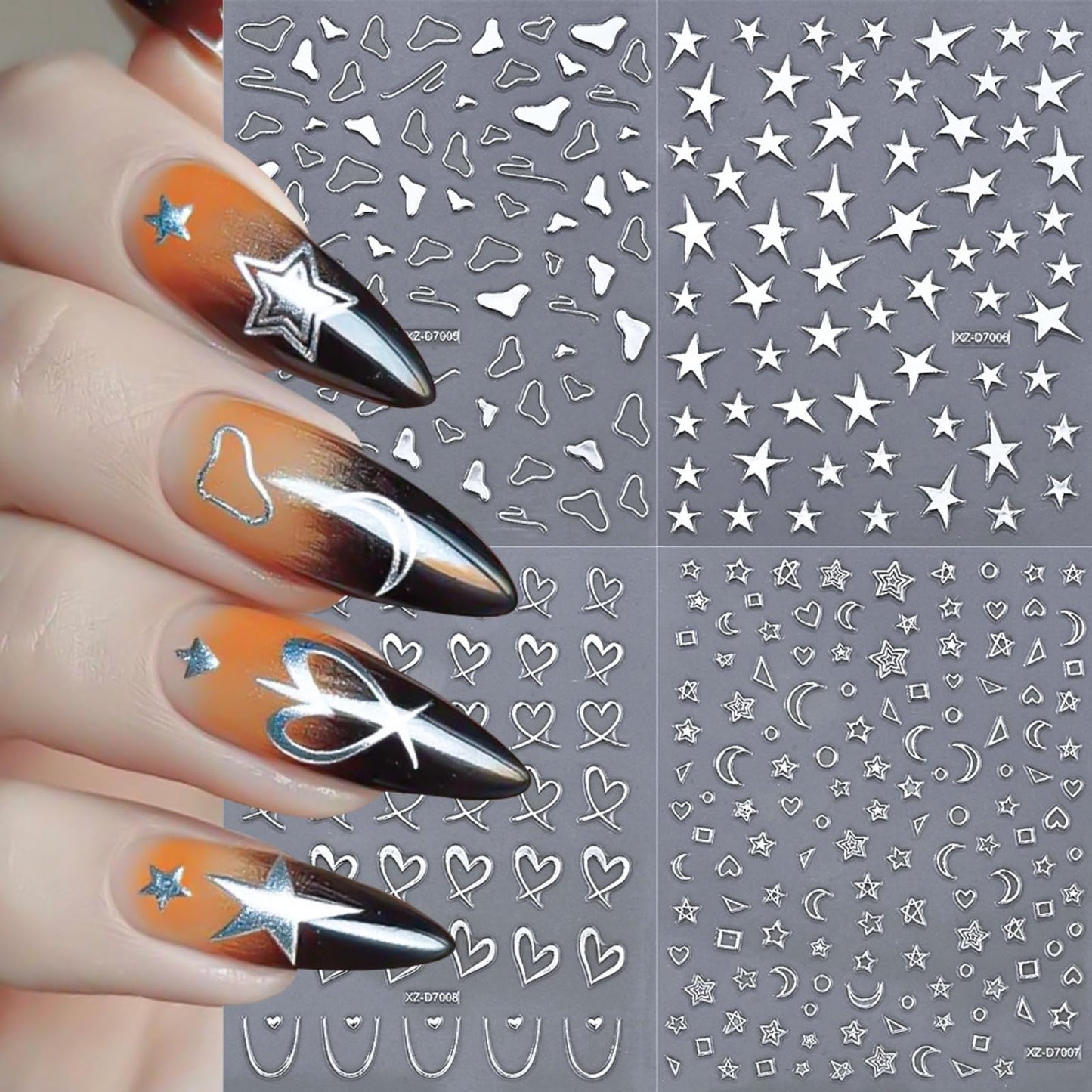 12 Sheets Silver Nail Art Stickers, 3D Self-Adhesive Bronzing Sun Moon Stars Bow Designs Nail Sticker Acrylic Manicure Decals Decorations Accessory for Women Girls