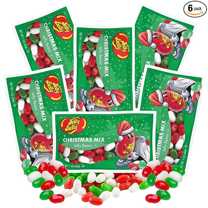 Needzo Christmas Mix 2025 Individual Packets of Jelly Beans, Very Cherry, Green Apple, and Coconut Flavored Candies, Stocking Stuffers, Pack of 6