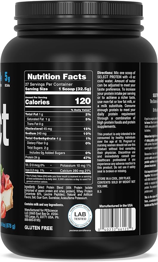 PEScience Select Low Carb Protein Powder, Strawberry Cheesecake, 27 Serving, Whey and Casein Blend, Keto Friendly, Gluten Free, Best Tasting, Clean Isolate for Women and Men