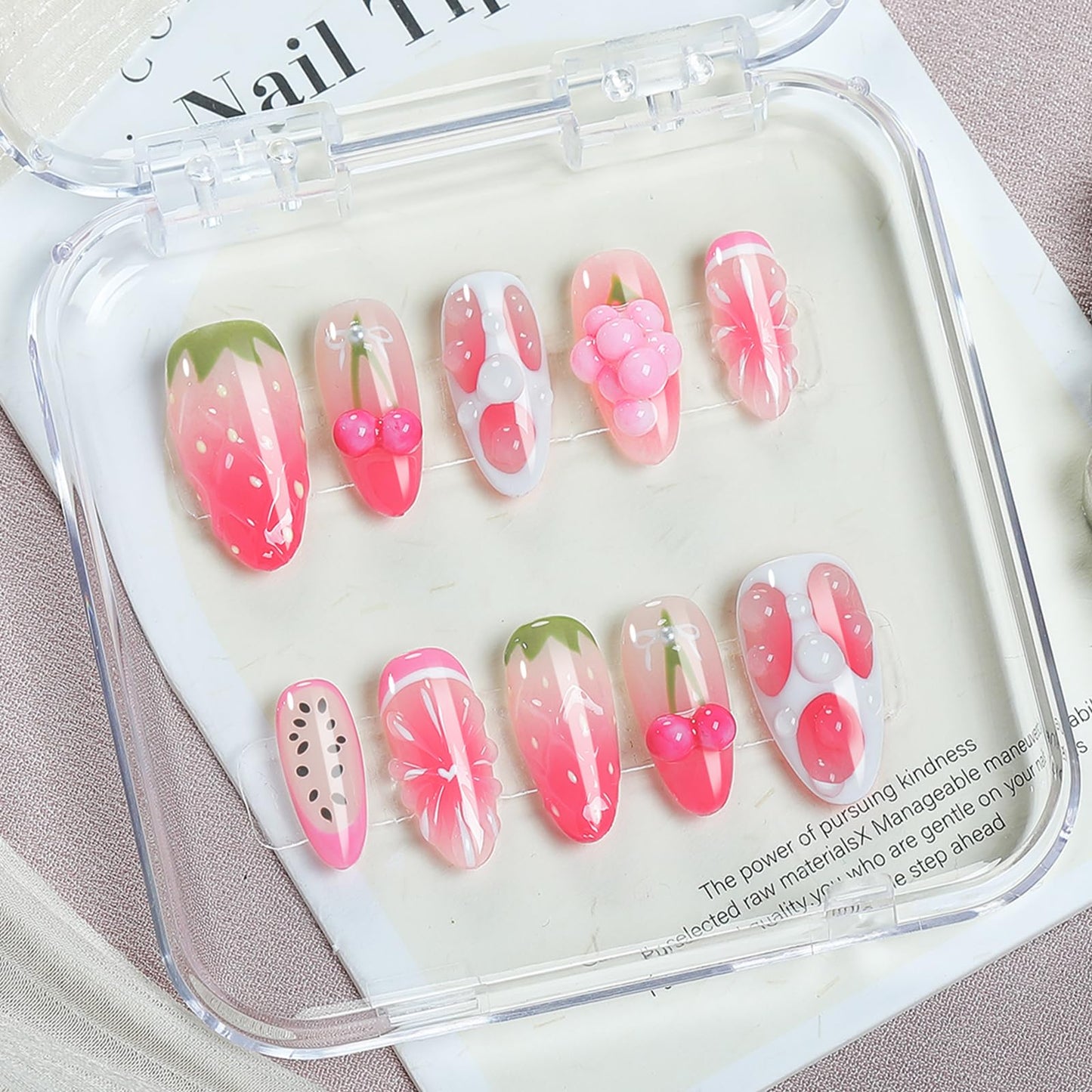 Cute Pink 3D Cherry Strawberry & Grape Fruit Handmade Press On Nails, Almond Glossy Acrylic Fake Nails, 10pcs Reusable Summer Nails - Appife