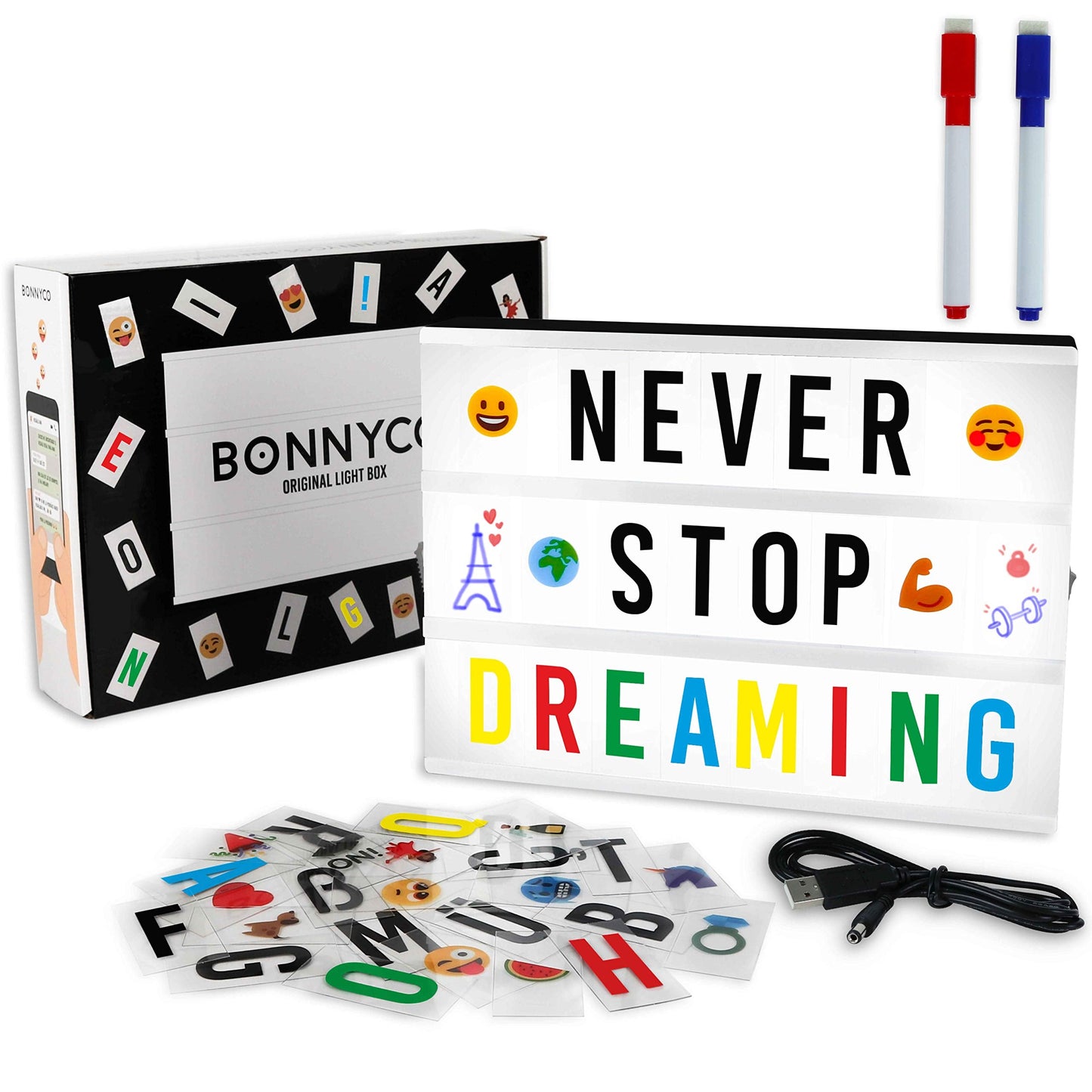BONNYCO Cinema Light Box with 400 Letters, Symbols, Emojis, 2 Markers and USB. Led Light Box Home Decor, Room Decor. Cinema Led Sign Letters Board, Novelty Gifts Christmas, Birthdays. Marquee Lightbox