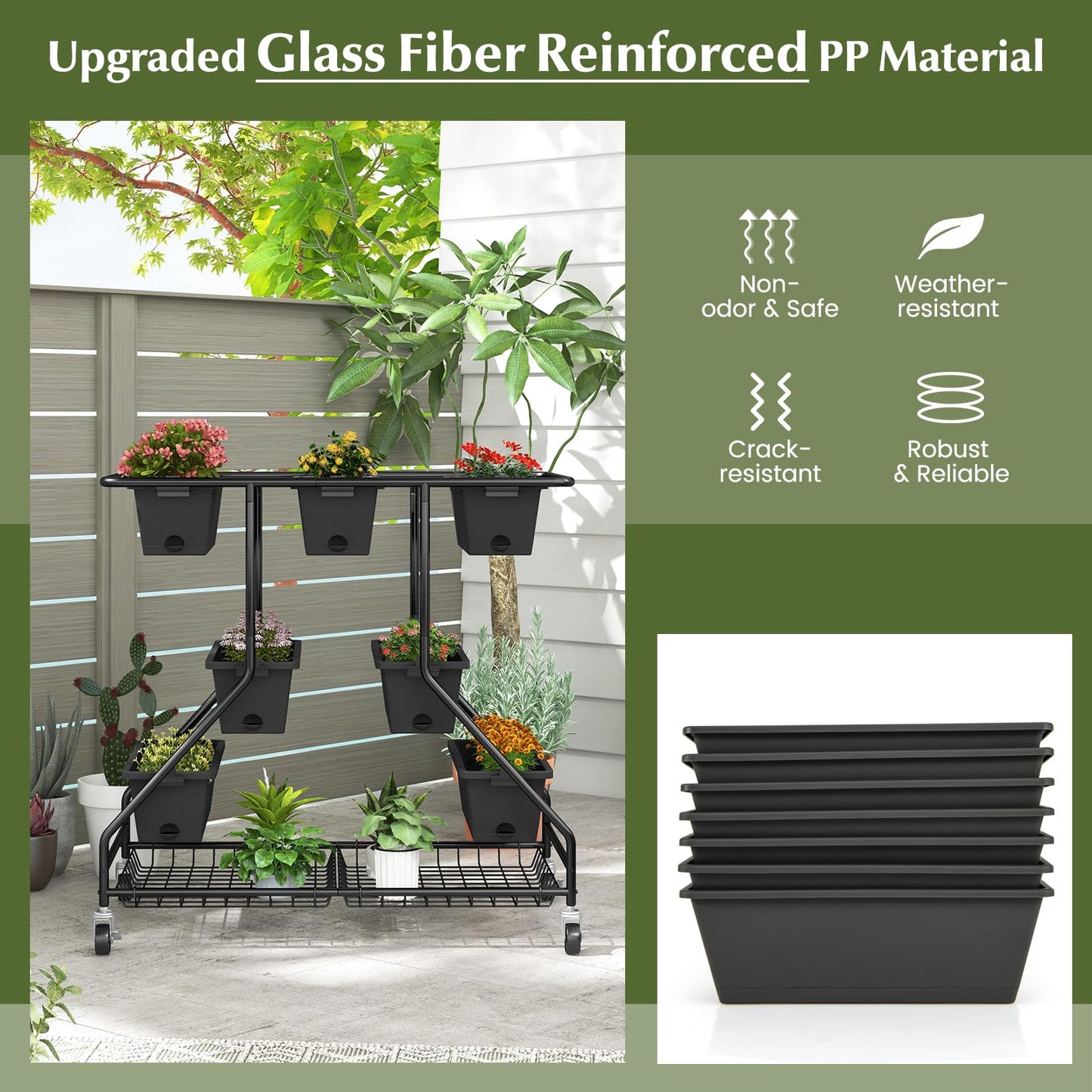 Giantex Rolling Raised Garden Bed w/ 7 Planter Boxes, Storage Baskets, Drainage Holes, 4 Lockable Casters, 3-Tier Freestanding Elevated Planter for Strawberry Vegetable Flower Herb