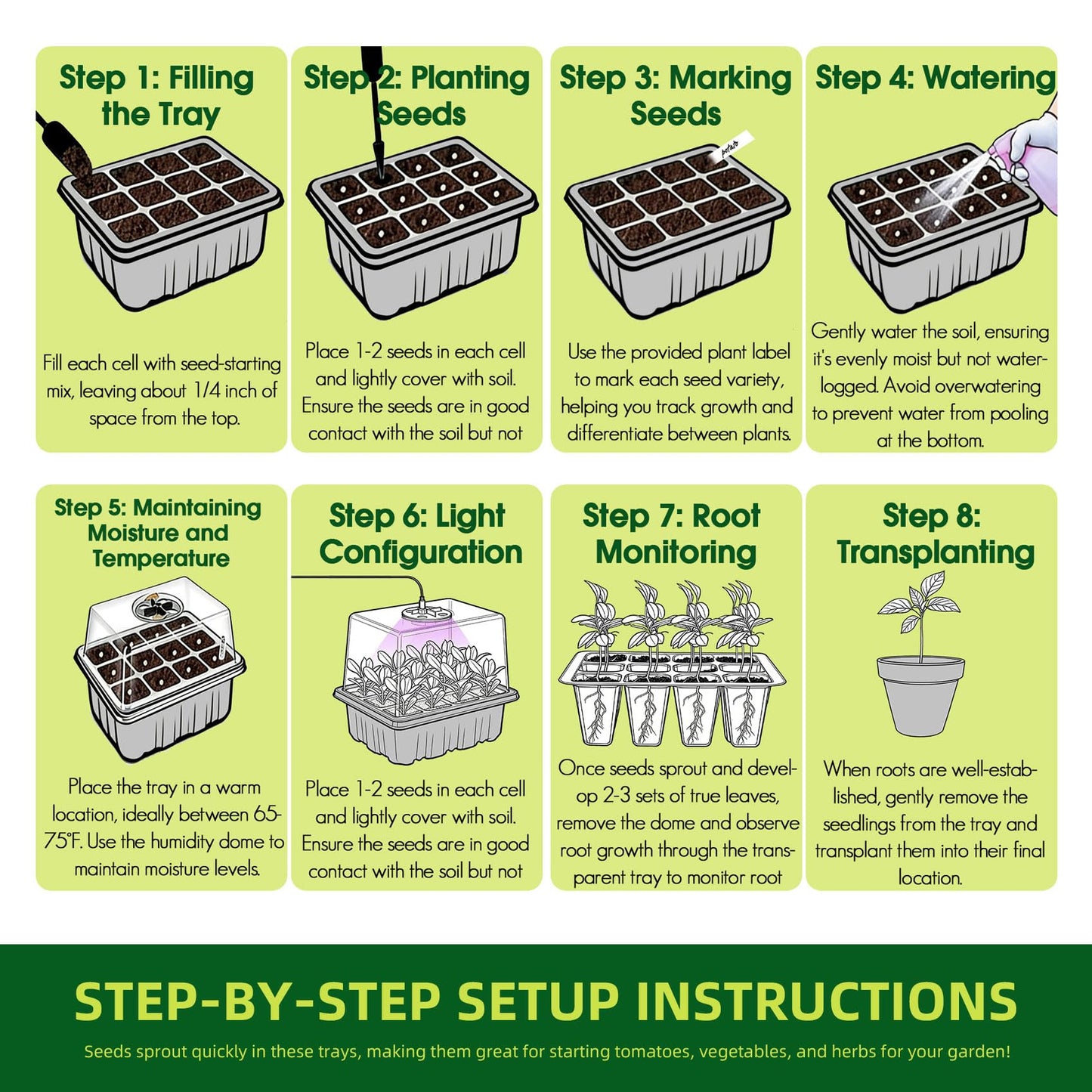 PilavAloo Seed Starter Tray with Grow Light, 6-Pack 72 Cell Seed Starter Trays, Germination Tray with Humidity Dome, Timing, Adjustable Brightness for Starting Vegetable, Flower, Indoor Herb Garden