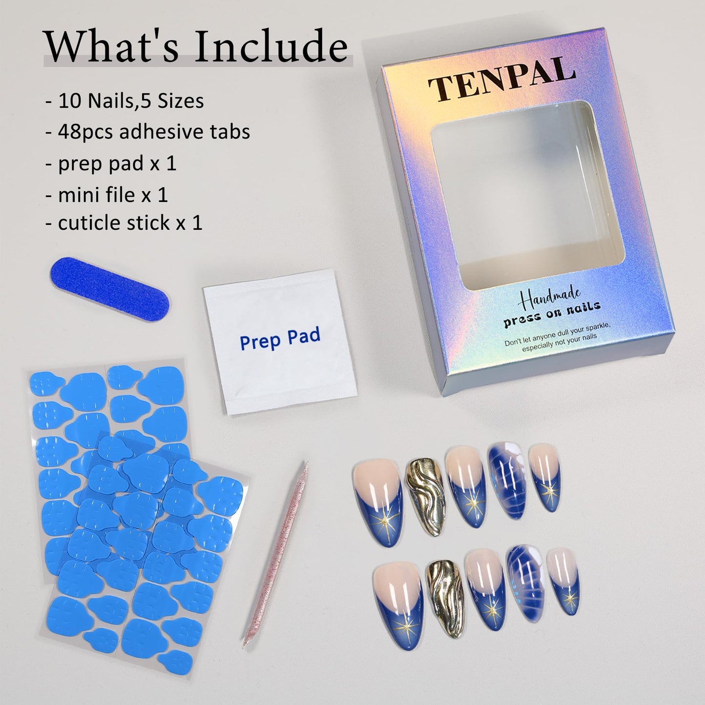 TENPAL Metallic Fake Nails With Crocodile Star Pattern,French Tip Press on Nails Almond,Blue Nails Press ons, Handmade Glue On False Nails,Acrylic Y2k Artificial Nails Tips 10pcs/Box,Small Size