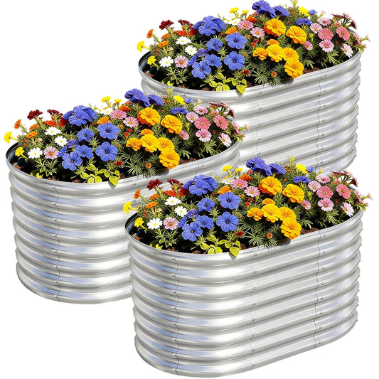 AHEONLAR 3Pack 3x2x2ft Galvanized Raised Garden Beds Outdoor, Oval Raised Beds for Gardening Metal Planter Boxes for Planting Vegetables, Fruit, Herb, Silver