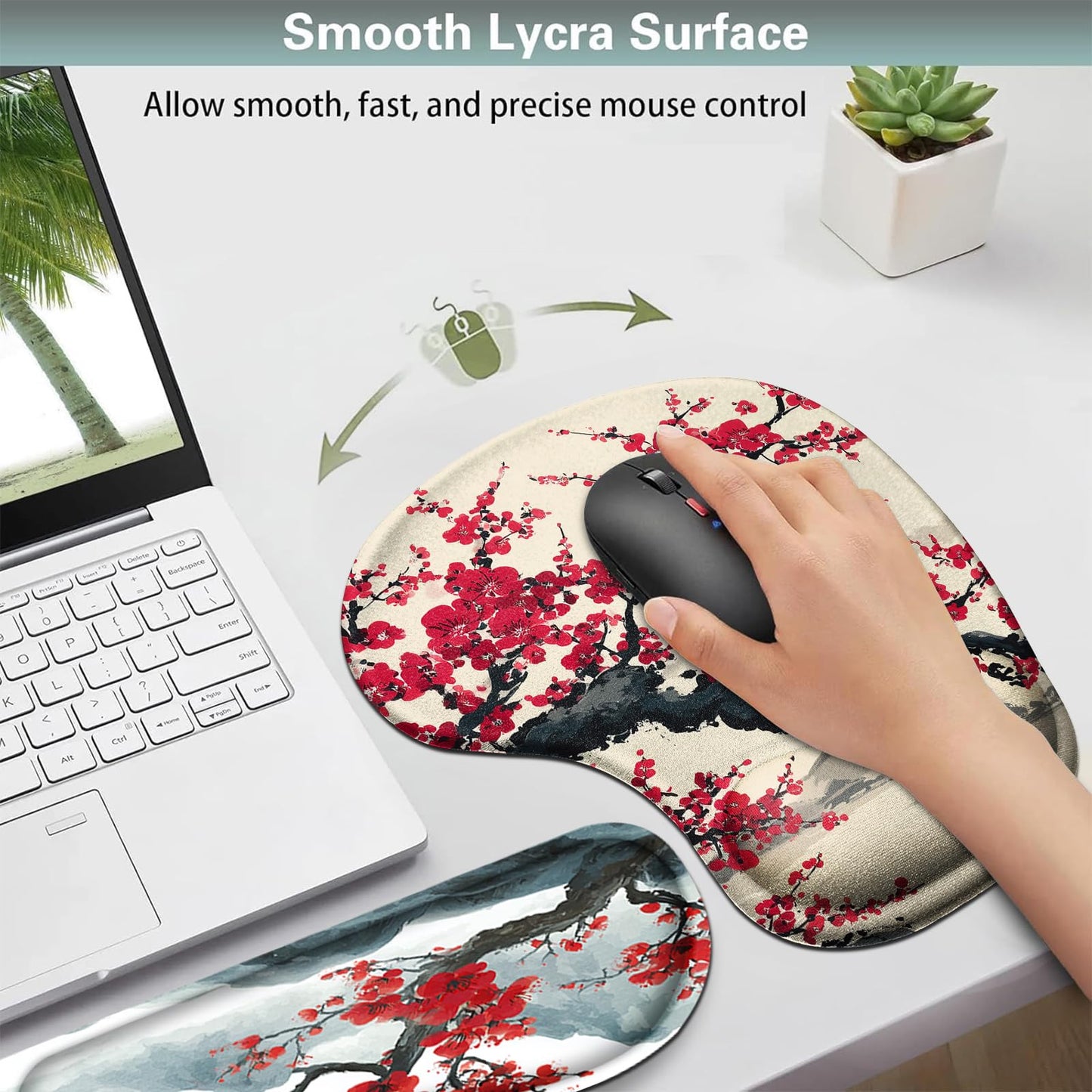 AQQA Japanese Desk Mat Set, Large Gaming Mouse Pad with Wrist Rest, Ergonomic Mouse Pad Keyboard Mat Wrist Support,Phone Holder,Cup Coaster,Home Office Desk Accessories Decor Supplies, Cherry Blossom
