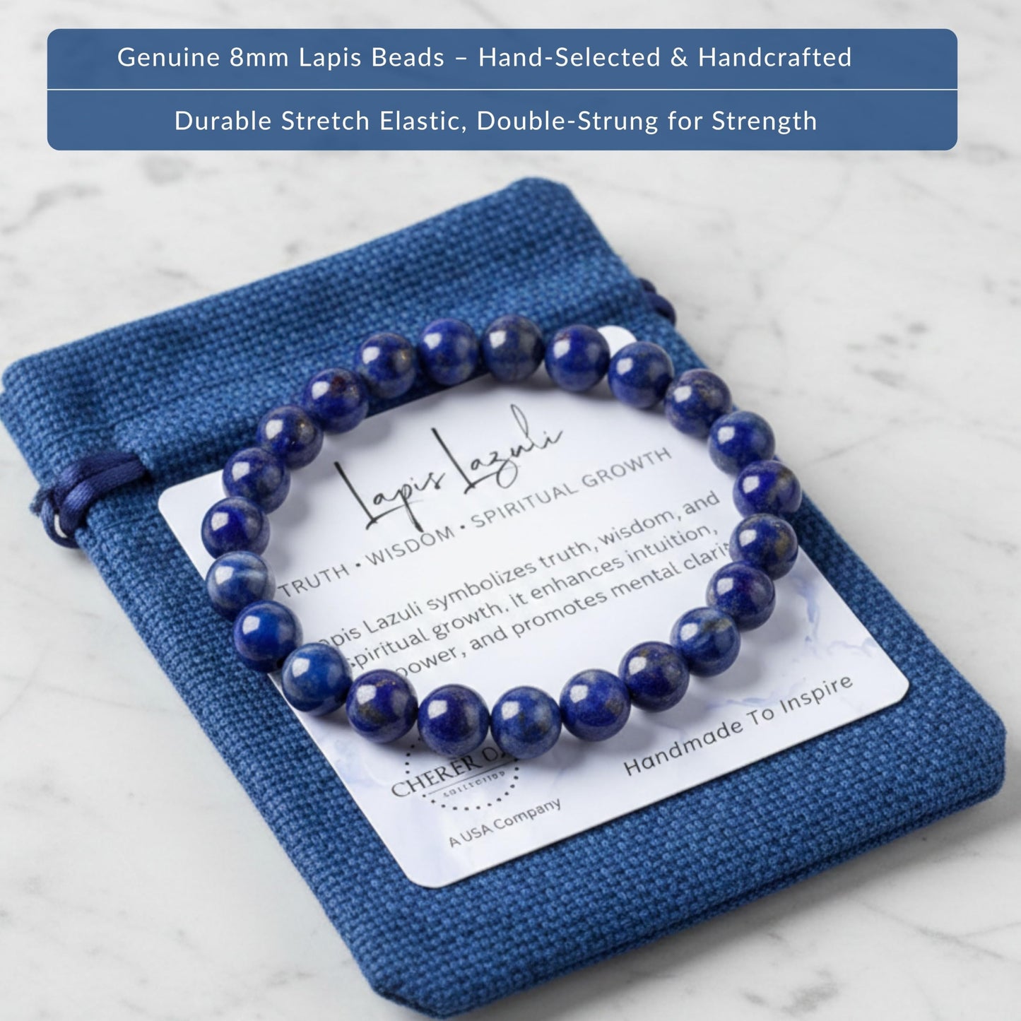 Cherry Tree Collection Lapis Bracelet – Genuine Blue Lapis Lazuli Beaded Bracelet, Handmade 8mm Stone Bracelet for Men & Women, Healing & Positive Energy, Sizes S/M/L, Gift Ready (Small)