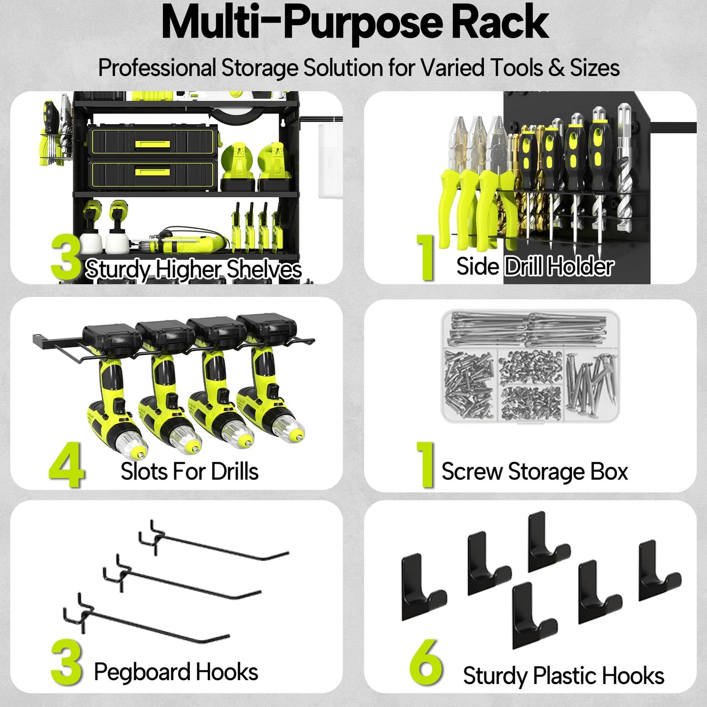 CFMASTER 4 Layer Heavy Duty Power Tool Organizer Wall Mount with Charging Station, Adjustable Metal Storage Rack, 6 Outlets Strip, Drill Holders, Hooks & Drill Bit Rack for Garage, Workshop, Black