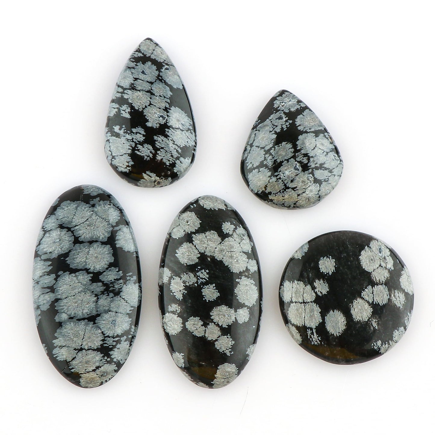 CRYSTALINES 5pcs, Natural Snowflake Obsidian Gemstone Cabochon, Wholesale Flatback Crystal for Jewelry Making, Polished Stones, Bulk Loose Supply, Artisan Crafts, Wire Wrapping, Gem Collection