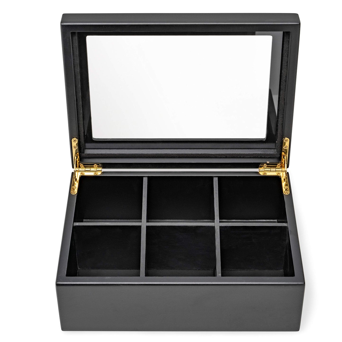 Break Tradition Wooden Tea Organizer For Tea Bags - 6 Compartments, Clear Top Window, Lid Stays Open (Black)