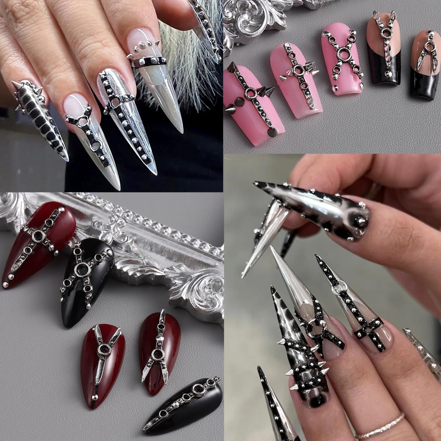 Furtherpretty Gothic Nail Charms Set, 3D Metal Punk Bondage Nail Accessories with Silver Spikes & Rivet Studs, Y2K Hollow Harness Strap and Belt Buckle Designs, Goth Nail Art Decorations with Tweezers
