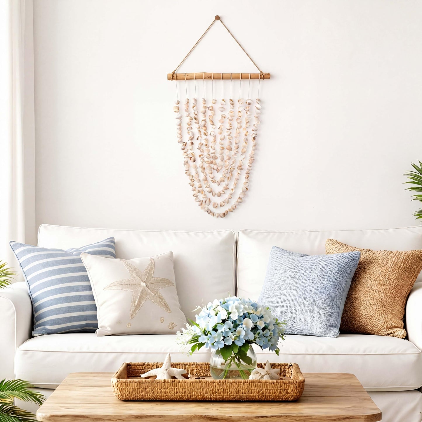 Novabright Seashell Wall Hanging Decor Coastal Beach Shells Wind Chimes 20.4 Inch Handmade White Sea Shells with Driftwood Farmhouse Rustic Ocean Wall Art for Summer Bedroom Bathroom Living Room