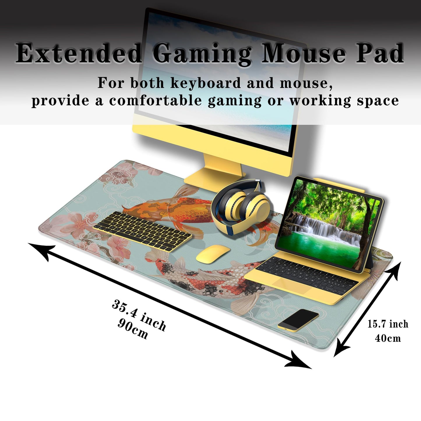 Samgula XXL Mouse Pad, Gaming Mousepads Desktop Mats, Extra Large Desk Pad Non-Slip Rubber Base Waterproof with Stitched Edges, 35.4 X 15.7 inch for Work/Game/Office/Home Japanese Traditional Fish
