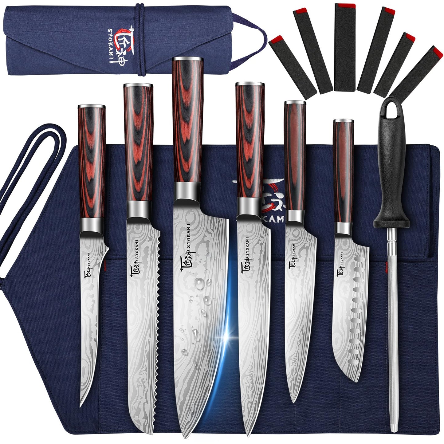 SYOKAMI 14pcs Chef Knife Set with Roll Bag, Professional Stainless Steel Japanese Knife Set with Pakkawood Handle for Professional Chef, Camping, Travel, BBQ, RV or Gift