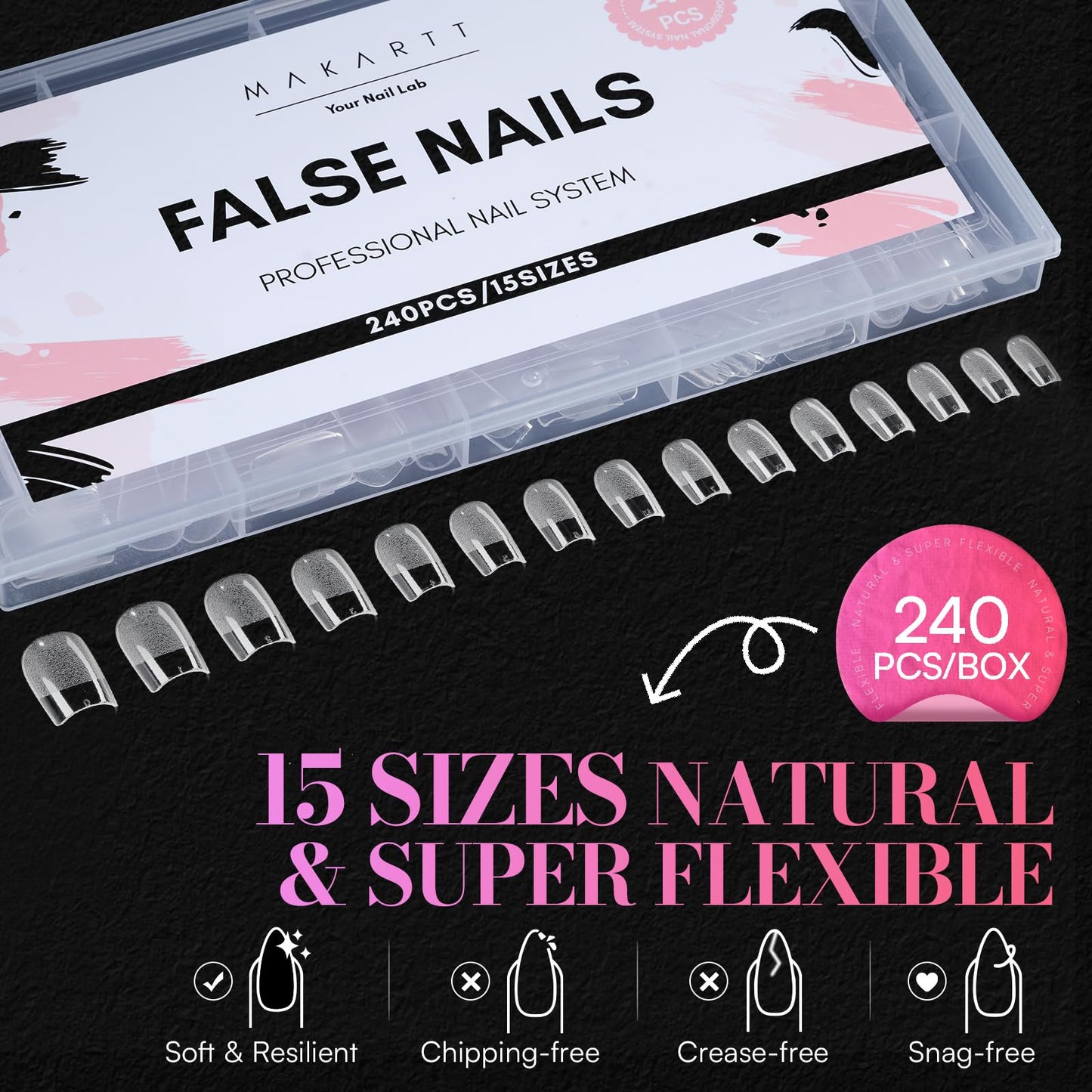 Makartt Short Square Nail Tips: 240PCS, 15 Sizes, Pre Shaped Clear Acrylic Fake Nails- Full Cover Half Matte Soft Press On Nail Extensions Long-lasting Supplies Salon and DIY at Home