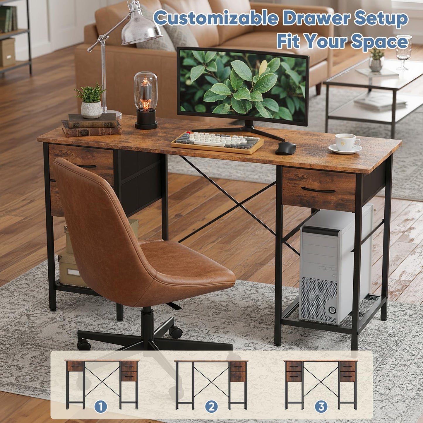 Sweetcrispy Computer Desk with Drawers, 55 Inch Home Office Bedroom Table with 4 Fabric Drawers & 2 Mesh Storage Shelves, Wood Table with X-Shaped Structure for Writing Study PC Desk, Brown