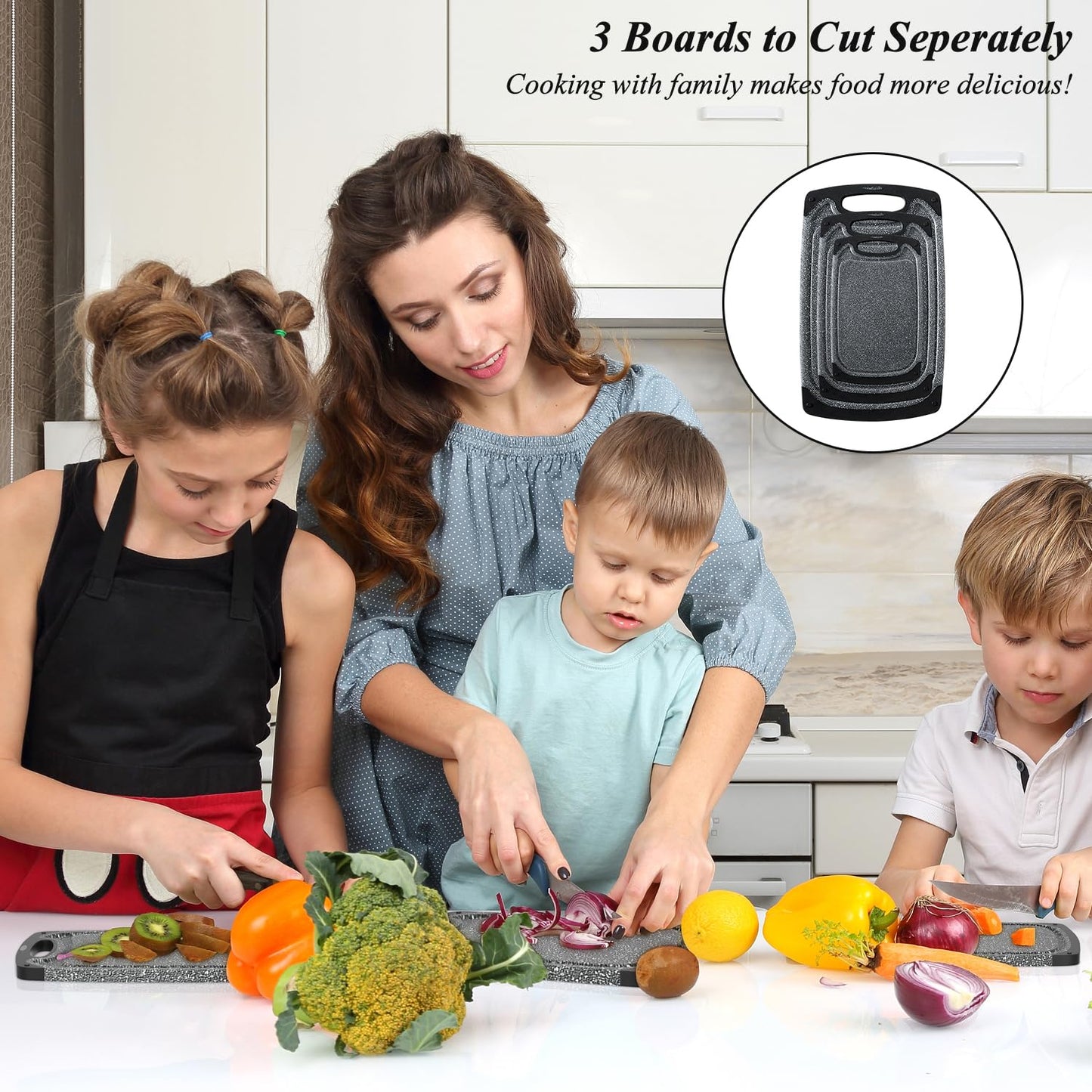 Viretang Plastic Cutting Boards Set of 3 Extra Large for Kitchen, Thick Chopping Board with Deep Juice Grooves, Non‑Slip Feet, Easy Grip Handle, BPA Free, Dishwasher Safe,Black