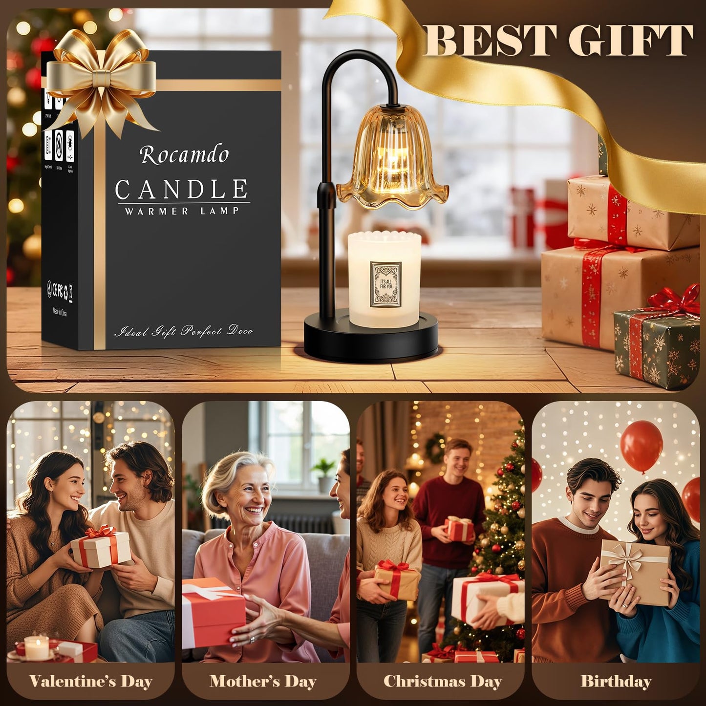 Candle Warmer Lamp with Timer, Birthday for Women Mom, House Warming Gifts Modern Farmhouse Home Decor, Dimmable Wax Melt Warmer for Jar Candles with 2 Bulbs (Amber)